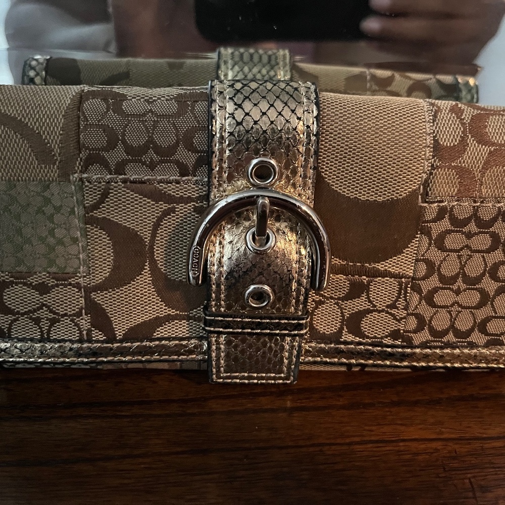 Coach Rare Long Brown Patchwork Wallet Gold Trim … - image 1